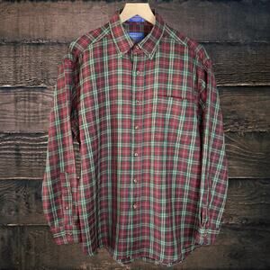 Sir Pendleton Shirt Men Med Red Plaid Woven Long Sleeve Worsted Wool 90s